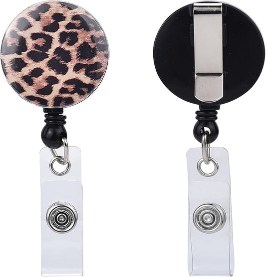 Will Well Badge Holders with Belt Clips for Securing onto Pockets and Purse Straps, with Retractable 27.5" UHMWPE Fiber Pull Cords, Strong Build with Fun Designs - 2-Pack, Cheetah Print