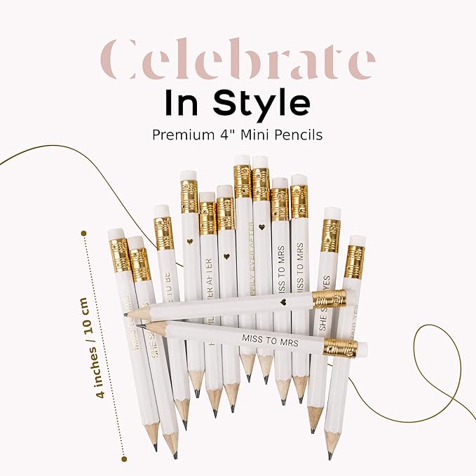 Markt Mini Pencils for Bridal Shower Games, Bridal Shower Pens, Heart Pencils, Small Pencil Set For Prizes, Game Winner Gifts (White)