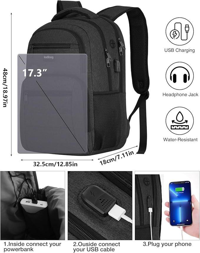 17.3 Inch Backpack for Men,Book Bag School Backpacks for Teen Boys with USB Charger,Back Pack Bagpack Mochilas for Workout Business College High School Schooler,Black