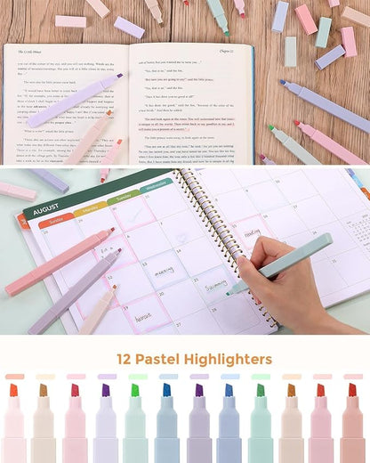 SKYDUE Cute School Supplies 44 PCS, Aesthetic Pencil Case with 12 Pastel Highlighters, 5 Black Gel Pens, 6 Color Gel Pens & Mechanical Pencils, College Essentials Students Stationary Set Pink