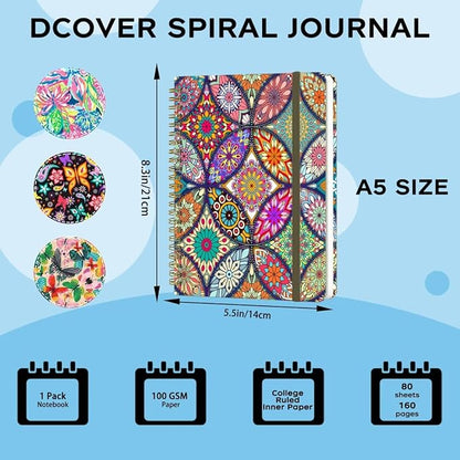 Spiral Notebook - A5 Spiral Notebooks, 8.3'' × 5.8'', 160 Pages, Aesthetic Journaling Notebooks for Women, College Lined Notebook with Elastic Closure, Back Pocket, for School Office, Bohemia