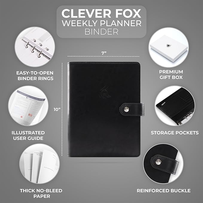 Clever Fox Weekly Planner Binder – Goal Setting Planner for Time Management & Weekly Tasks – Work & Life Organizer with to Do List & Habit Tracker – Undated, 7″ x 9″ Hardcover (Black)