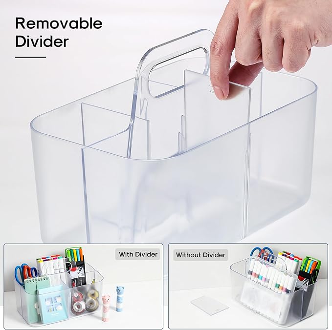 Multiuse Caddy Organizer with Handle - Stackable Plastic Bin - Divided Storage Tote Holder for Art Craft Supplies, Makeup, Bathroom, Shower, Cleaning, Kitchen, Office, Dorm, Desktop - Frosted Clear