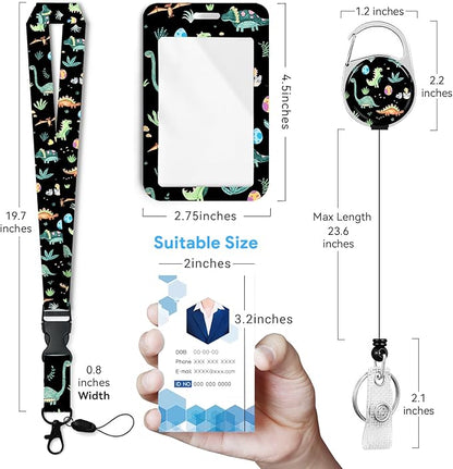 Cute Dinosaur Badge Holder with Retractable Reel and Breakaway Lanyard，Badge Clips Retractable Heavy Duty Badge Reel，Keychain，ID Holder with Breakaway Lanyard for School Nurse Office Teen