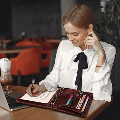 Free Engraved Name, Personalized Leather Binder Portfolio, 3 Ring Binder Business Portfolio for Women, Zippered Padfolio with A4 Clipboard, Organizer for A4 Legal Sized Notepad, Customized Gift, Red