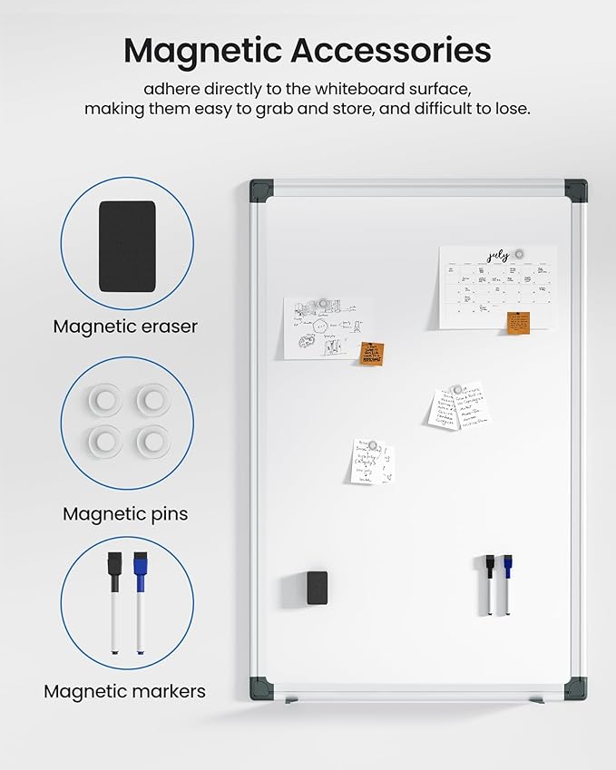 VUSIGN Magnetic White Board Kit for Wall 36" x 24", 1 Dry Eraser & 2 Multicolor Markers & 4 Magnetic Pins, Sliver Reinforced Aluminum Frame for Home, School, Office
