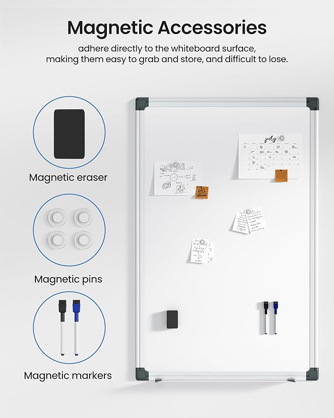 VUSIGN 3PCS Magnetic White Board Kit for Wall 36" x 24", 3 Dry Eraser & 6 Multicolor Markers & 12 Magnetic Pins, Sliver Reinforced Aluminum Frame for Home, School, Office