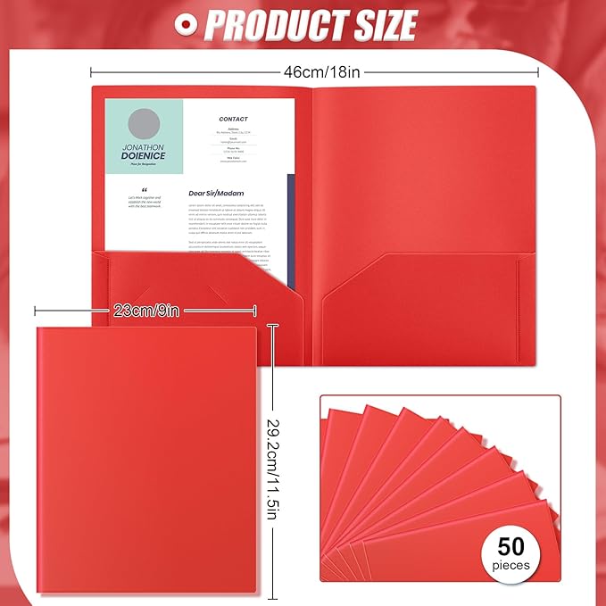Gueevin 50 Pcs Plastic Folders with Pockets, Two Pocket Folder Fit Letter Size, Heavy Duty School Business Card Holder for Home Office School Bussiness, 11.61 x 9.45 Inches (Red)