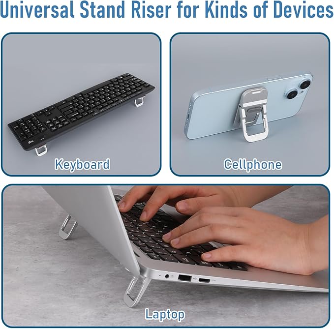 Bewudy 2 Pcs Portable Keyboard Riser, Dual Tilt Angle Adjustment Foldable Laptop Riser, Mini Computer Keyboard Stand for Desk, Self-Adhesive Keyboard Riser Feet for Most Keyboards(Silver)