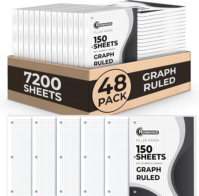 7200 Graph Paper, 48 Pack, 4x4, 8" x 10.5", Thick Grid Paper, Fights Ink Bleed, 3 Hole Punch, Quad Ruled Sheets, School Supplies