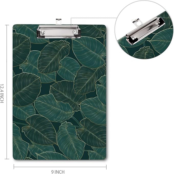 WAVEYU Fashion Cute Clipboard, Decorative Office School Hardboard Wood Nursing Clip Board for Standard A4 Letter Size for Students, Women, Men and Kids, 12.5"x 9", Green Leaves