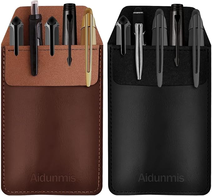 Pocket Protector, 2 Pieces PU Leather Pocket Pen Holder Organizer Pouch for Shirts Lab Coats Pants Pen Sleeve MultiPurpose Pen Pocket Holds Pens Pointers Pencils and Notes Card (Brown, Black)