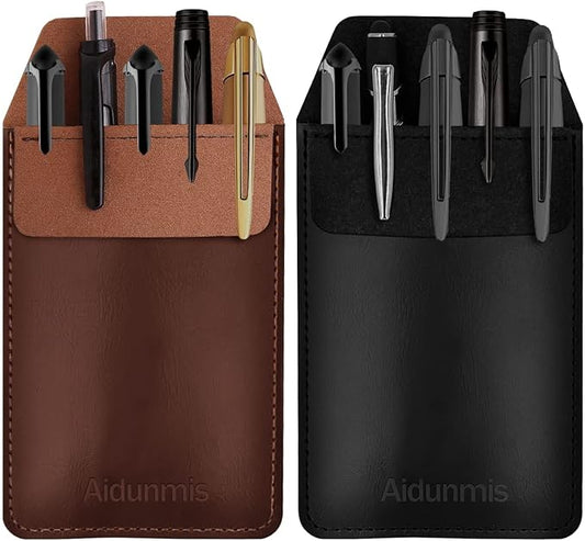 Pocket Protector, 2 Pieces PU Leather Pocket Pen Holder Organizer Pouch for Shirts Lab Coats Pants Pen Sleeve MultiPurpose Pen Pocket Holds Pens Pointers Pencils and Notes Card (Brown, Black)