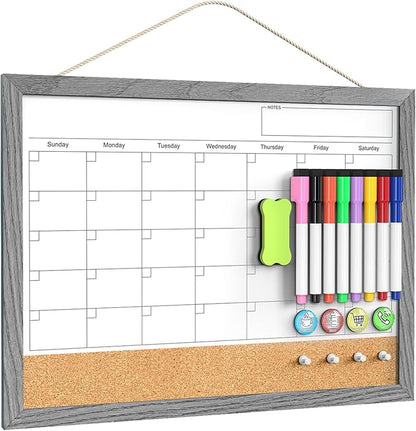 Calendar Whiteboard for Wall, Dry Erase Calendar Whiteboard Cork Board Combo, Magnetic Small White Board, Hanging Dry Erase Board for Kitchen Home Office (Graywashed)