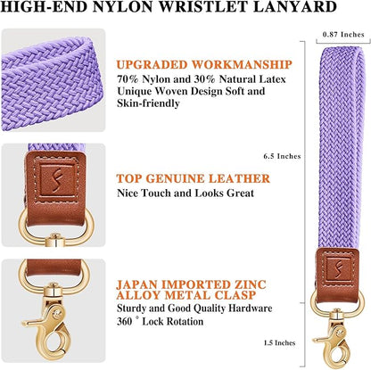 Fishent Stretchy Wristlet Keychain,Braided Cute Wrist Lanyards for Keys, Key Chain Holder for Women Men, Wrist Strap Keychain for Car Keys Phone Camera Wallet ID Badges Card (Lavender)