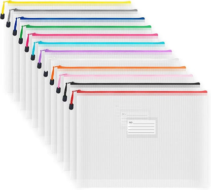 AUSTARK Plastic Mesh Zipper Pouch, 12Pcs Zipper File Bags with Label Pocket, Game Boards Storage Bags, Waterproof Document Storage Bags for Office Home Travel Cosmetic (B4 Size 15x11 in)