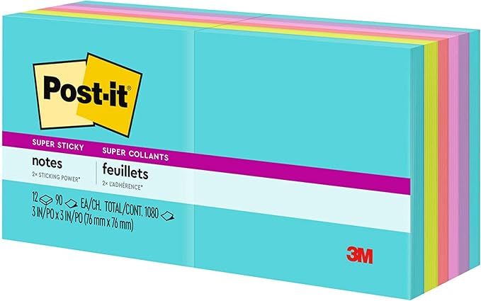Post-it Super Sticky Notes, 12 Sticky Note Pads, 3 x 3 in., School Supplies, Office Products, Sticky Notes for Vertical Surfaces, Monitors, Walls and Windows, Supernova Neons Collection