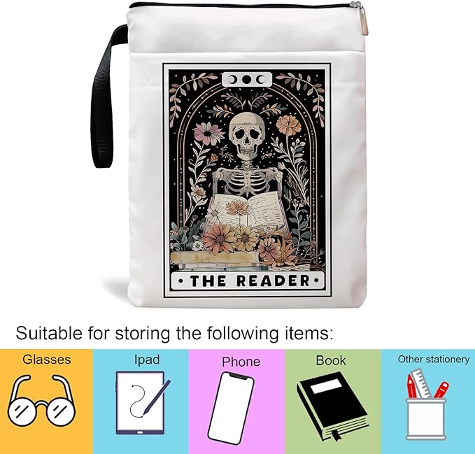 Book Sleeve, Book Sleeve with Zipper, Book Sleeve for Book Lovers, The Reader Tarot Card Book Sleeves, Book Pouch Kindle Protector, Gifts for Women Teacher Librarian Bookworm Bookish (White-B, Large)