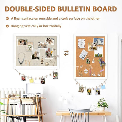 Double-Sided Large Cork Board with Linen, 36" x 24" Hanging Wood Framed Bulletin Board, Picture Display Vision Board Corkboards for Wall Room School Office Decor, 20 Pushpins,1pack