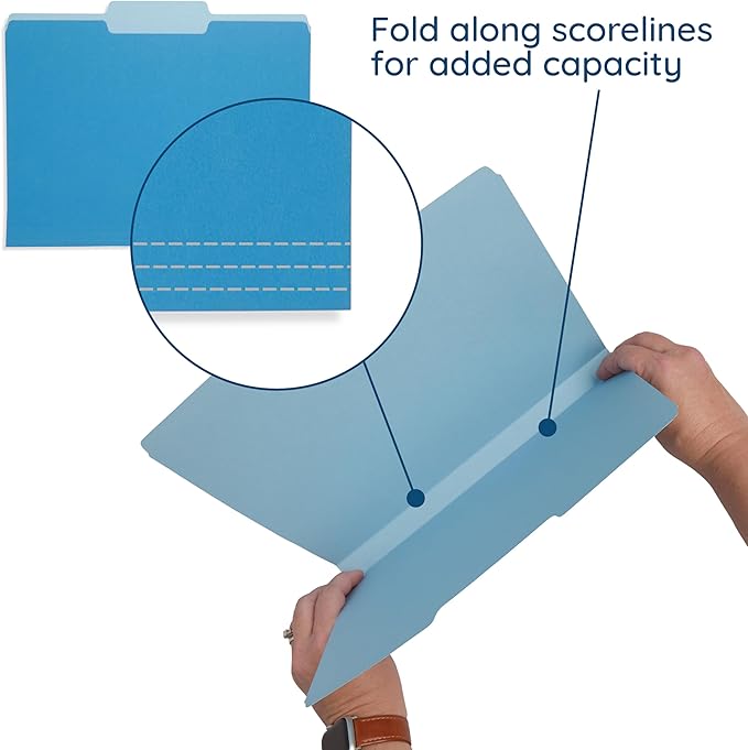 100 Blue Summit Supplies Blue File Folders - Letter Size 1/3 Cut 100 Pack, Two-Tone File Folders, Durable 11pt Paper, Blue Folders Bulk for Organization