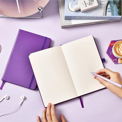 Dotted Journal/Notebook - Dot Grid Hard Cover Notebook, Premium Thick Paper with Fine Inner Pocket, Black Smooth Faux Leather, Pen Loop, 5.3'' x 8.26'' - Lavender