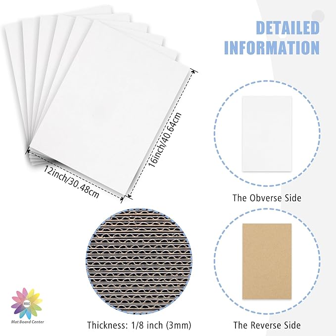 Mat Board Center, 25 Pack 12x16 Corrugated Cardboard sheet, 1/8 inch thick, Flat Cardboard Inserts for Mailing, Packaging & Shipping, Cardboard Backing, Craft Card Board (White on one side)