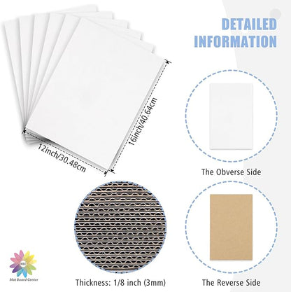 Mat Board Center, 25 Pack 12x16 Corrugated Cardboard sheet, 1/8 inch thick, Flat Cardboard Inserts for Mailing, Packaging & Shipping, Cardboard Backing, Craft Card Board (White on one side)