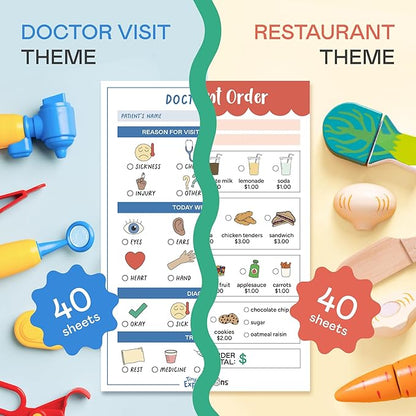 Tiny Expressions Playtime Notepads - 2-Pack Kids Pretend Play Notepads - 40 Pages Order-Taking Restaurant & 40 Pages Doctor Visit Notepad - Waiter and Doctor Imaginative Role Play