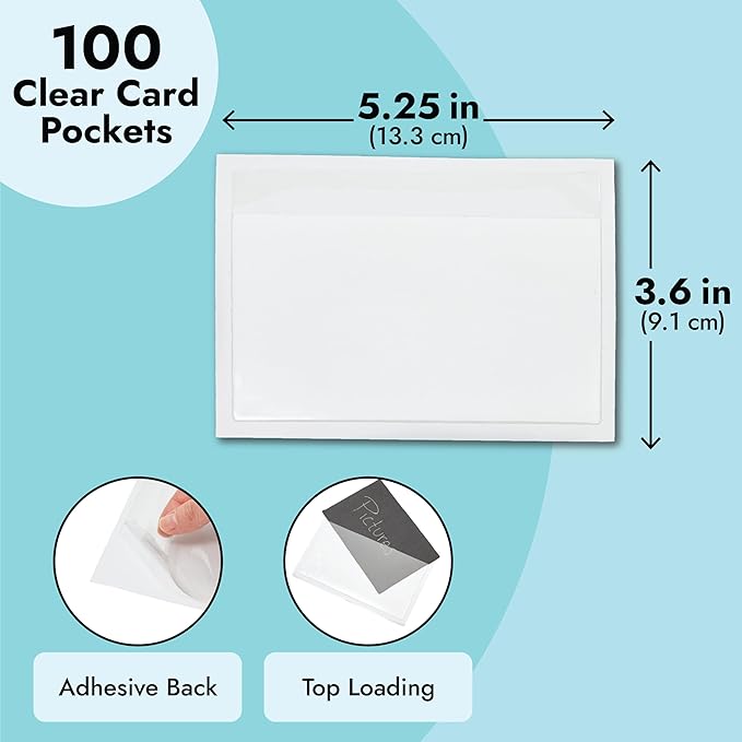 100 Pack Clear Self-Adhesive Pocket Label Holders for Index Cards 3x5, Bulk Top Load Plastic Sleeves for Storage