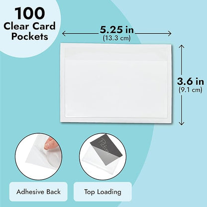 100 Pack Clear Self-Adhesive Pocket Label Holders for Index Cards 3x5, Bulk Top Load Plastic Sleeves for Storage