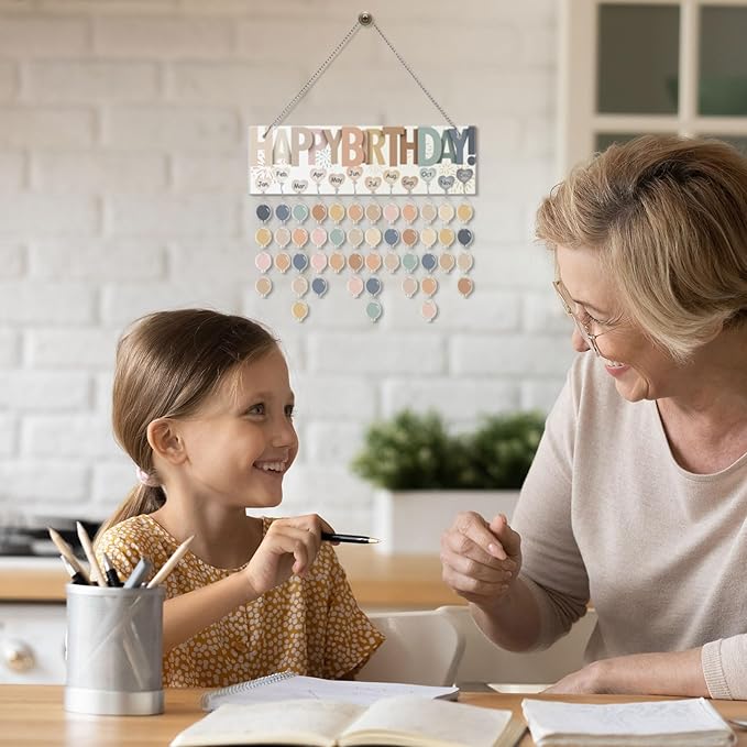 Eersida Birthday Calendar Wall Hanging Family Birthday Plaque with Tags Acrylic Birthday Reminder Calendar Board Classroom Birthday Reminder 120 Tags Christmas Party Gifts Home Decor(Boho Color)