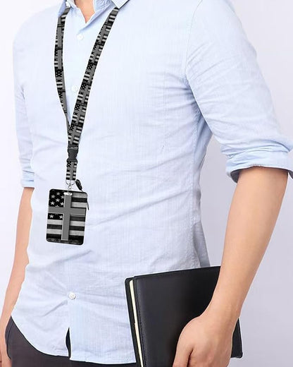 ID Badge Holder with Retractable Lanyard and Keychain, Badge Reel with Rotate Carabiner Clip,Black White American Flag Cross Card Name Tag Lanyard ID Protector Bage Clips for Student, Women, Office