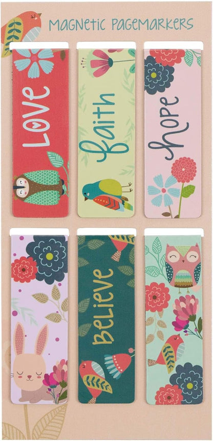 Christian Art Gifts Magnetic Scripture Bookmark Set with Encourangements Faith Hope Love Believe - Inspirational Floral Magnetic Bible Verse Pagemarker Set of 6 for Bibles and Books, Size 2.3” x 0.8”