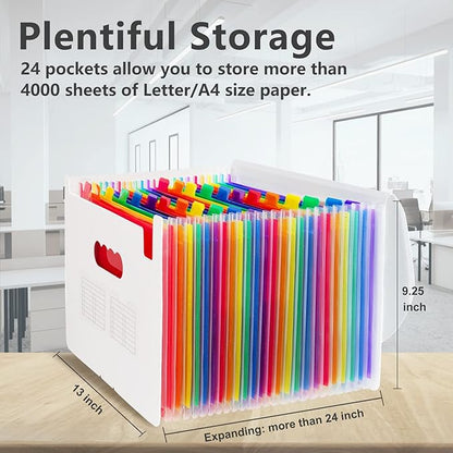 Sooez 24 Pockets Expanding File Folder with Blank Labels, According File Organizer with Expandable Cover, Desktop Accordion Folders Letter A4 Paper Document Storage Organizer, White