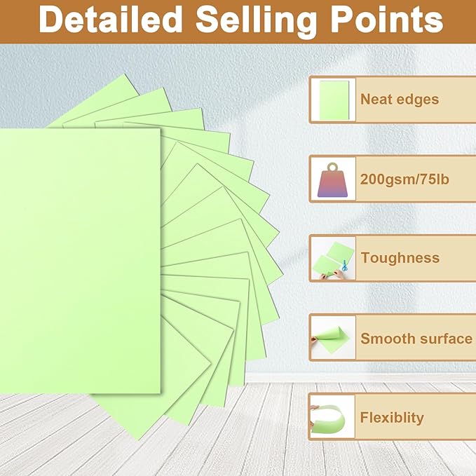 40 Sheets Light Green Cardstock 8.5 x 11 Craft Paper, 200gsm/75lb Heavyweight CertificatesPaper Card Stock for DIY Cards Making, Business Cards, Wedding Invitations, Menus, School