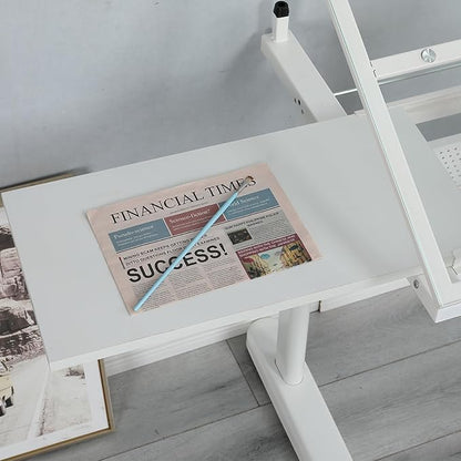 Hand Adjustable Height Drafting Table Artist Drawing Table Multifunctional Art Craft Artists Desk Tilting Glass Tabletop Glass Topped Art Desk Work Station With Stool and Chair for Home Office White