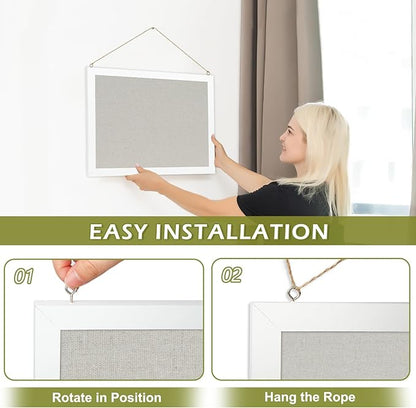 2-Pack Double-Sided Cork Board with Linen, 16" x 12" Hanging Wood Framed Bulletin Board, Picture Display Vision Board Kit Corkboards for Wall School Office Decor, 20 Pushpins (Vintage White)