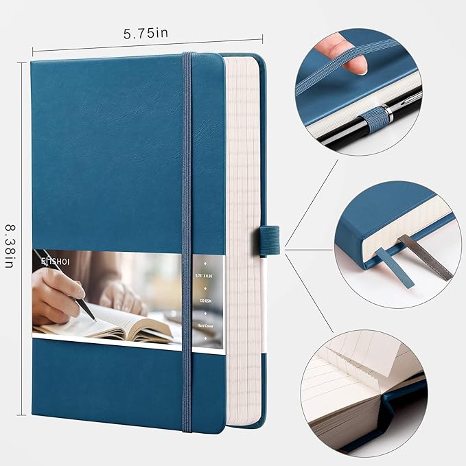 EMSHOI Lined Journaling Notebooks - 120gsm Thick Leather Journal with Sticky Notes, 256 Numbered Pages A5 Hardcover College Ruled Notebook for Women Men Work School Writing, 5.75" x 8.38"-LightBlue