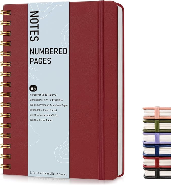Lined Spiral Journal Notebook, A5 Hardcover Spiral Journals for Women Men, 150 Numbered Pages Spiral Bound Notebook, 100 GSM College Ruled Notebooks for Writing Note Taking 5.75" x 8.38", Wine Red