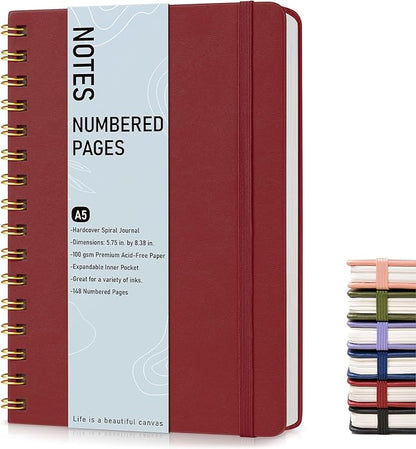 Lined Spiral Journal Notebook, A5 Hardcover Spiral Journals for Women Men, 150 Numbered Pages Spiral Bound Notebook, 100 GSM College Ruled Notebooks for Writing Note Taking 5.75" x 8.38", Wine Red