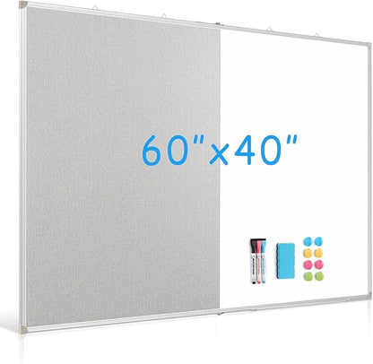 DOLLAR BOSS Foldable Linen Cork Board White Board Combo 60 x 40 in Extra Large Magnetic Whiteboard Dry Erase Bulletin Board Portable Double Sided Aluminum Frame Pin Board for School Office, Grey