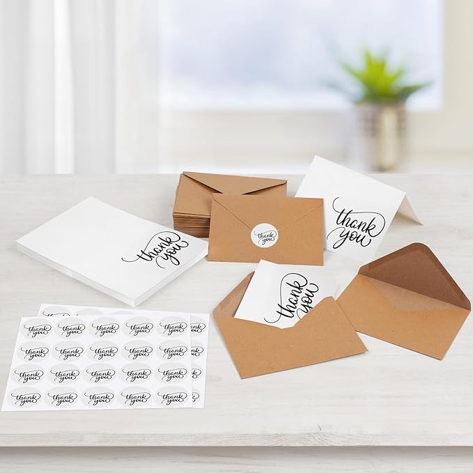 Joyberg 34 PCS Baby Shower Thank You Cards With Envelopes 3.5”x5”, Blank Dark White Thank You Notes With Envelopes Set, Brown Paper Envelopes and Stickers Wedding Thank You Cards With Envelopes