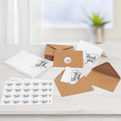 Joyberg 34 PCS Baby Shower Thank You Cards With Envelopes 3.5”x5”, Blank Dark White Thank You Notes With Envelopes Set, Brown Paper Envelopes and Stickers Wedding Thank You Cards With Envelopes