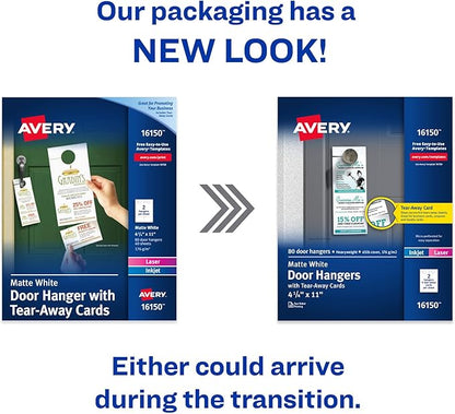 Avery Printable Door Hangers with Tear-Away Cards, 4.25" x 11", Matte White, 80 Blank Door Hangers for Laser and Inkjet Printers (16150)