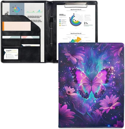 Cozeyat Purple Floral Butterfly Portfolio Binder PU Leather Padfolio Folder Business Document Organizer for Pad Notebook Resume for Women Girls Ladies