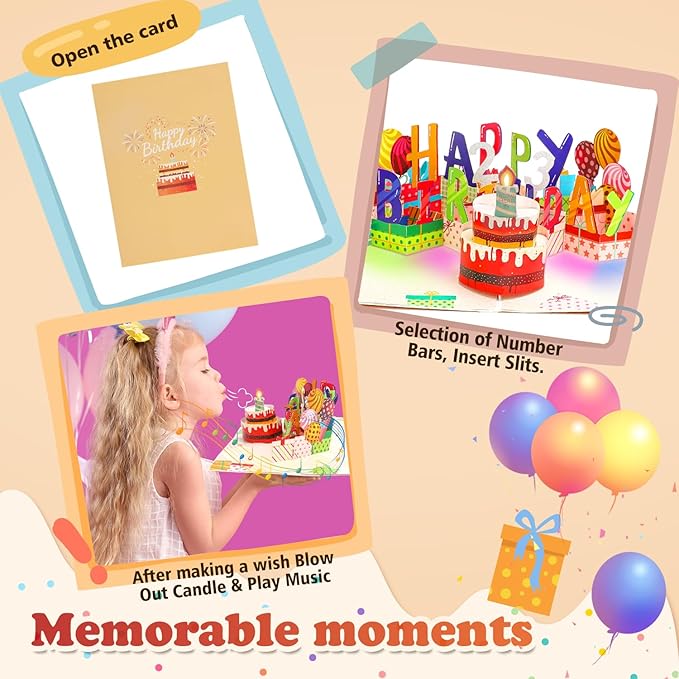 Customizable Age 3D Birthday Card – LED Light, Blowable Candle & Music Pop-Up Greeting Card for Women, Men (1-100 Years) Chocolate