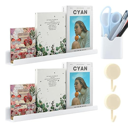 Magnetic Book Shelf for Whiteboard, Magnetic Book Holder File Rack with a Pen Container and Two Hook Acrylic Book Shelves Metal Floating Book Display Shelf for Teacher Kids Room Office(White)