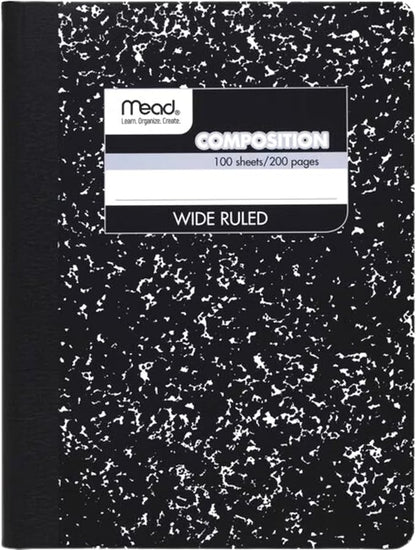 Mead Composition, Wide Ruled Comp Book, Writing Journal Notebook with Lined Paper, Home School Supplies for College Students & K-12, 9-3/4" x 7-1/2", 100 Sheets, Black Marble (09910)