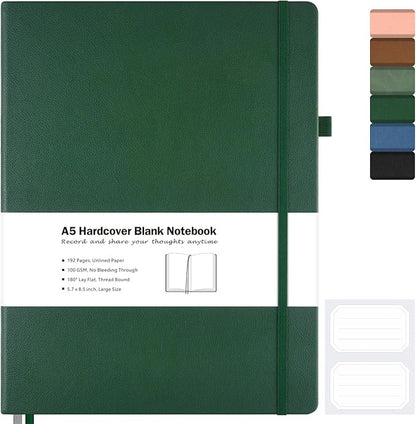 Blank Notebook, Hardcover Sketch Book,8.5 x 5.5 Large Blank Journal, No Bleed Thick Paper Sketchbook for Drawing, Unlined Notebook Journal for Women Men School, A5 Leather Sketchbook Lay Flat, Green