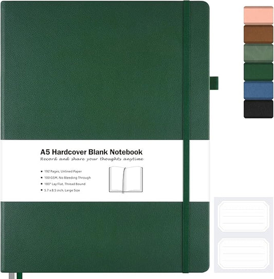 Blank Notebook, Hardcover Sketch Book,8.5 x 5.5 Large Blank Journal, No Bleed Thick Paper Sketchbook for Drawing, Unlined Notebook Journal for Women Men School, A5 Leather Sketchbook Lay Flat, Green
